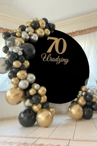 Girlanda balonowa organiczna w kolorach czarnym, złotym chrome i srebrnym chrome – Balonowo Katowice