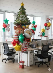 dekoracja balonami biura typu openspace - balony świąteczne z helem