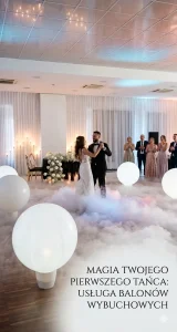 Duży balon wybuchowy z małymi balonikami z helem na sali weselnej przed pierwszym tańcem - Katowice