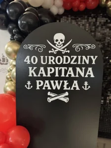 personalizowana scianka z wlasnym napisem na urodziny- pirackie czaszki, pistolety i kotwice