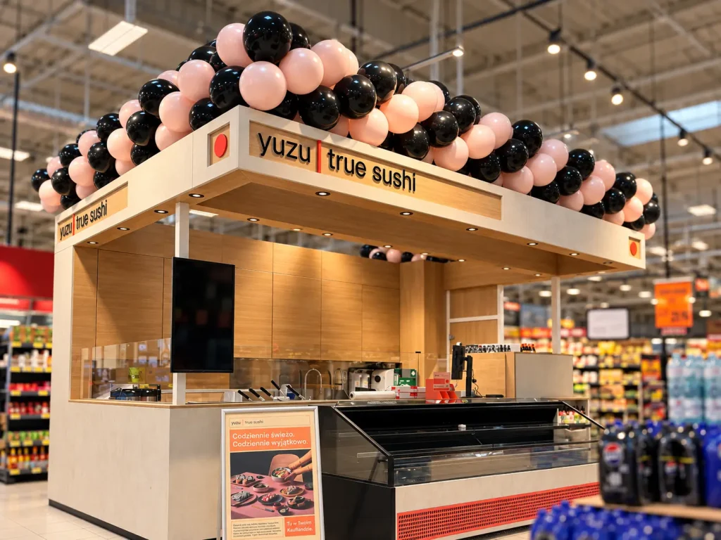 Ekologiczne balony Gemar w kolorze czarny pastel i pudrowy róż na dachu wyspy handlowej